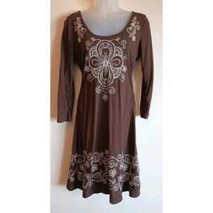Johnny Was Earthy Brown Embroidered Dress Boho Western Whimsical Small